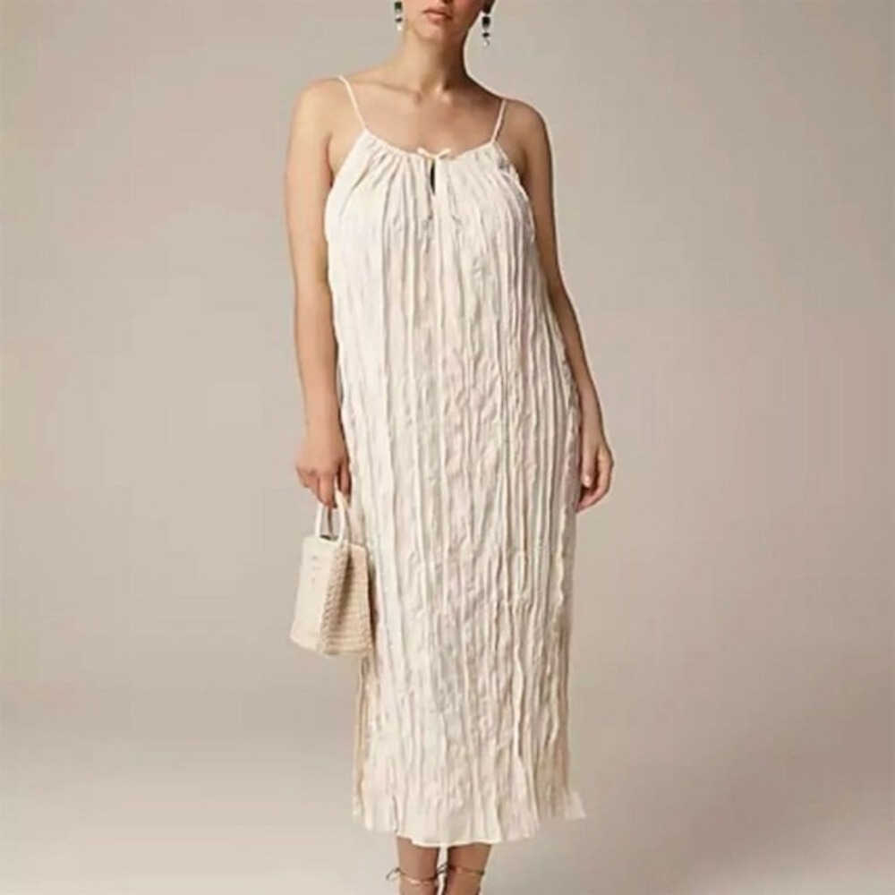 NWT J. Crew Women's Beige Crinkled‎ Side-Slit Midi Dress XXS Summer Casual